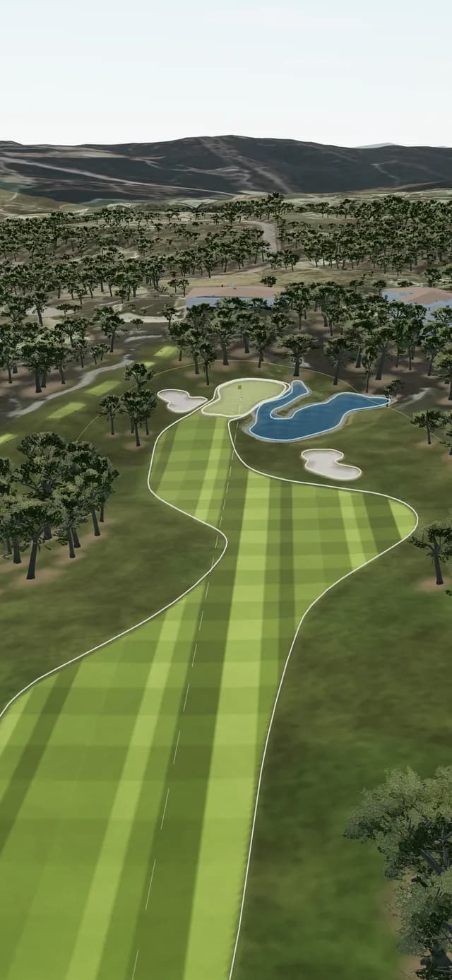 Fly-over of hole 4 at Valderrama towards the green and the lake