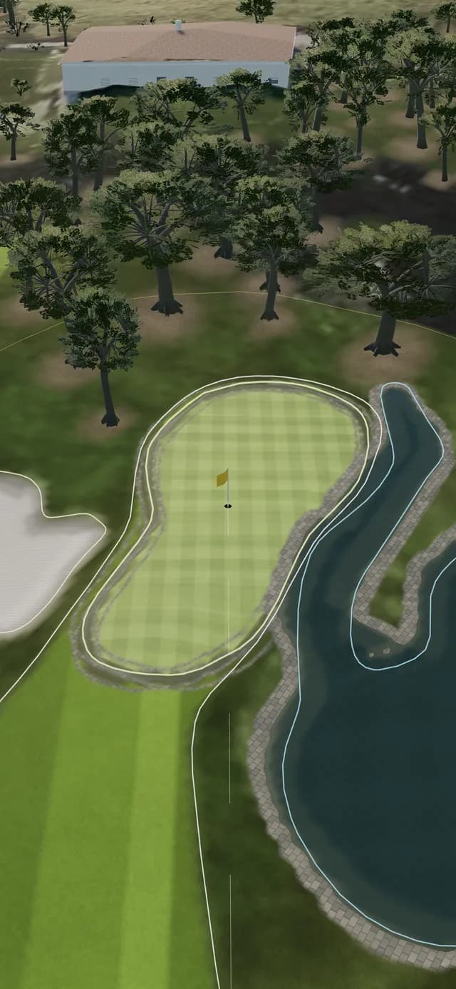 The green of hole 4 at Valderrama with the flag and the lake in 3D